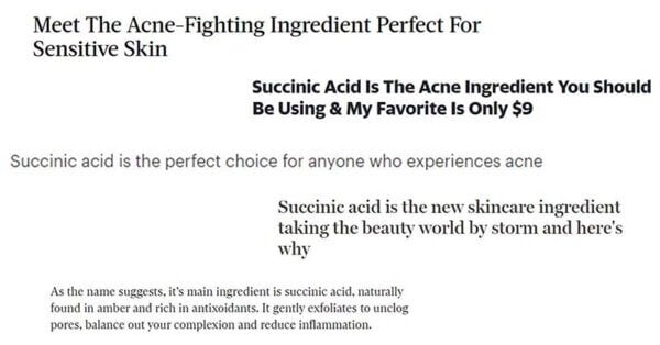 Succinic acid headlines from beauty media